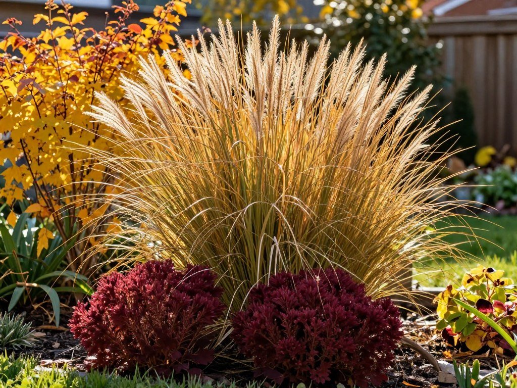 fall garden with ornamental grasses and sedum in autumn colors