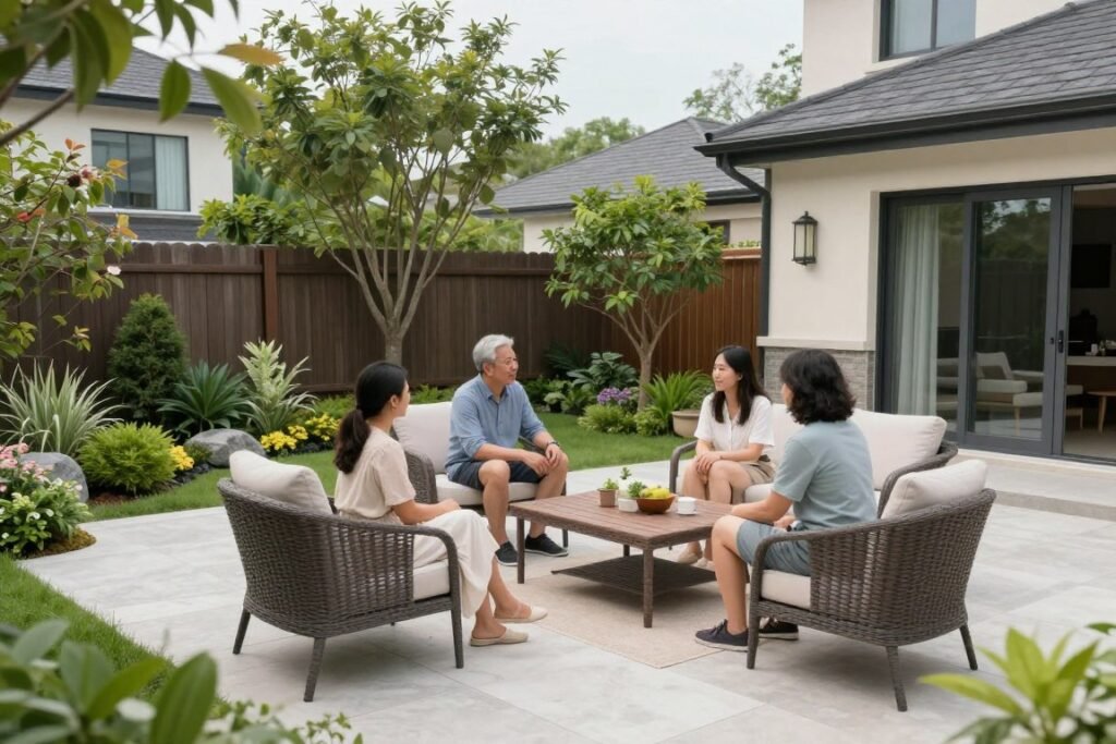 family enjoying transformed backyard space
