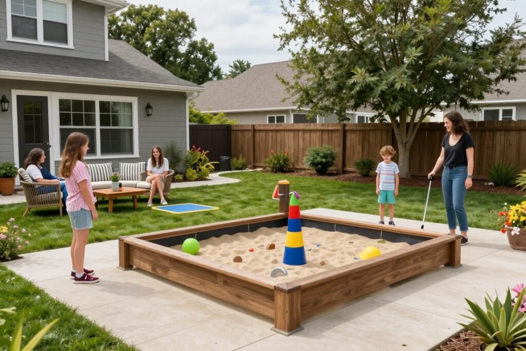 family-friendly backyard with play area and comfortable seating family-friendly backyard with play area and comfortable seating