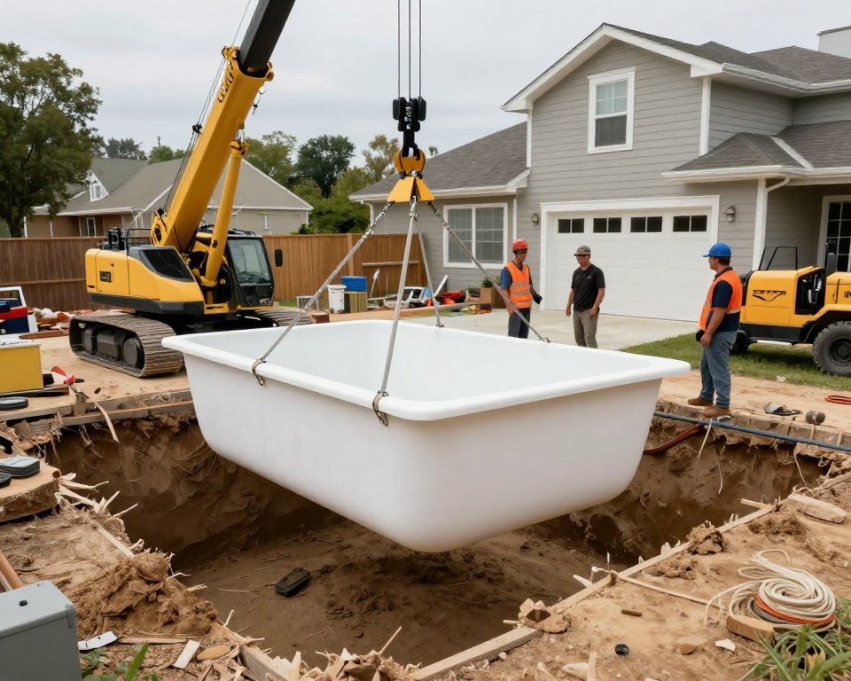 fiberglass pool shell being installed in compact backyard