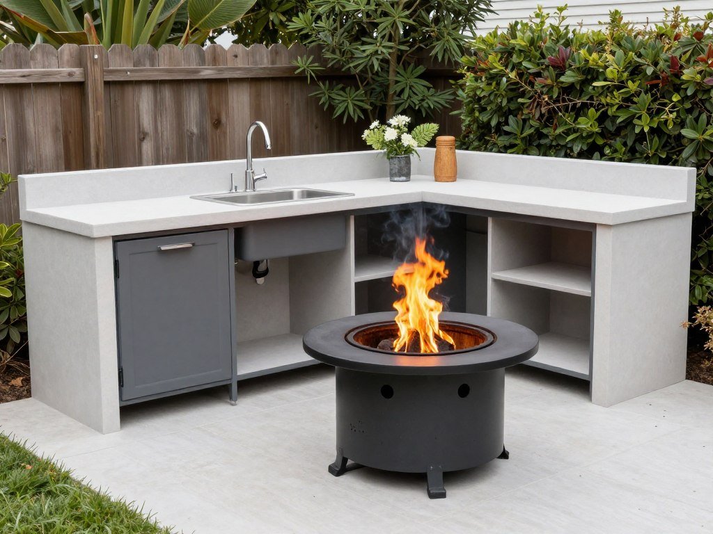 fire pit adjacent to outdoor kitchen counter