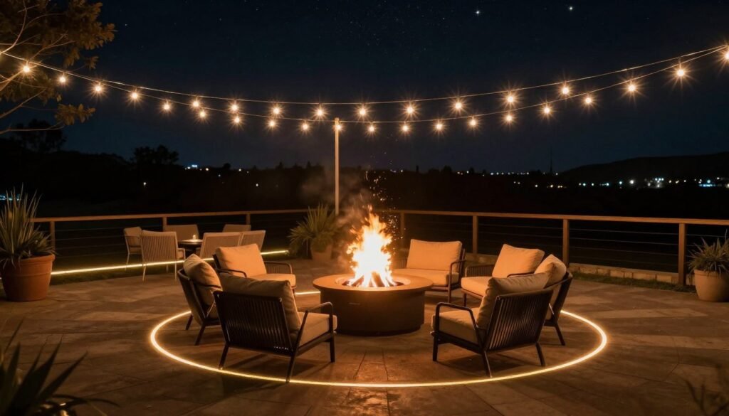 fire pit area illuminated with string lights and pathway lighting at night