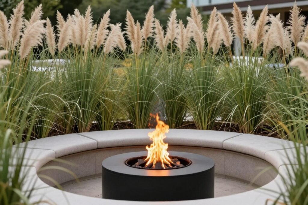 fire pit area screened by tall ornamental grasses