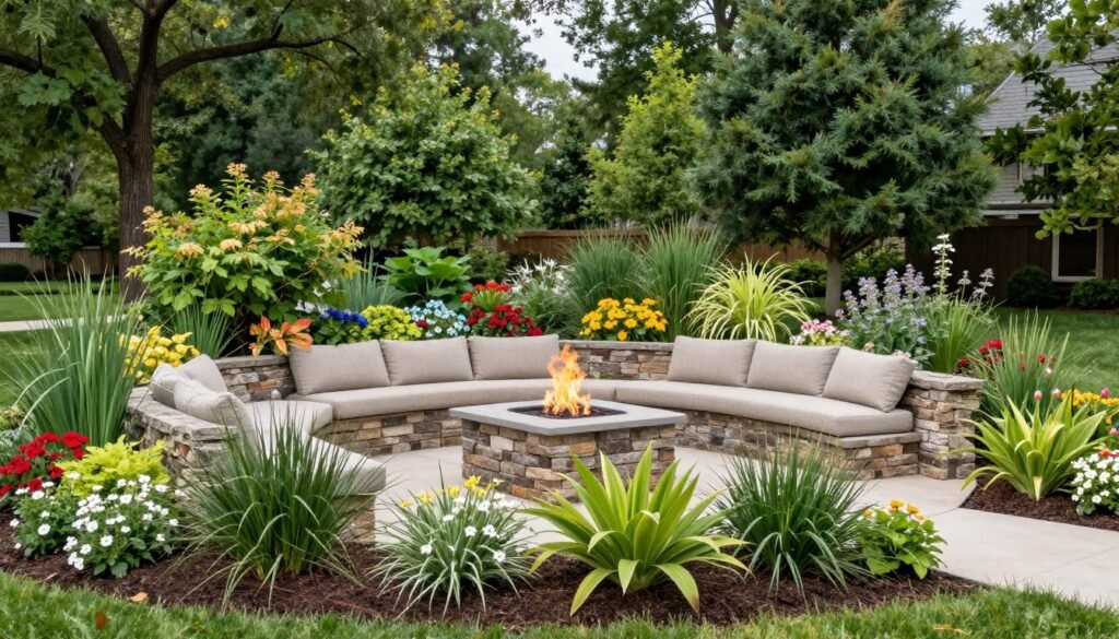fire pit area surrounded by lush landscaping and garden beds
