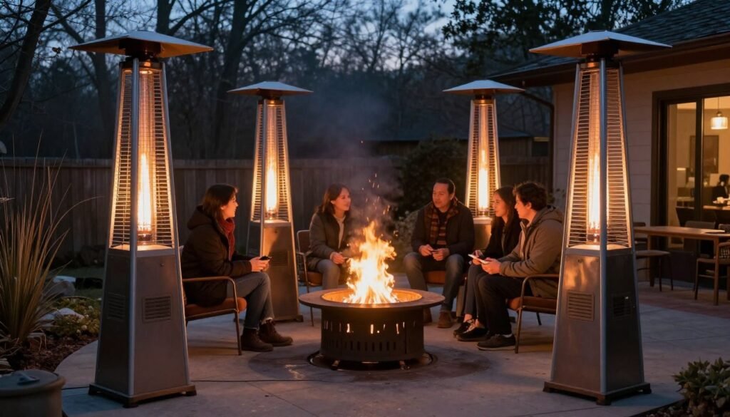 fire pit area with additional patio heaters