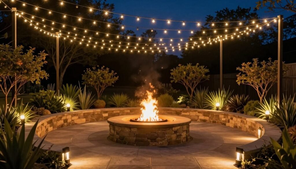 fire pit area with comprehensive lighting design including string lights and path lights