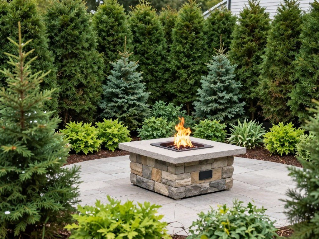 fire pit area with evergreen hedge providing privacy