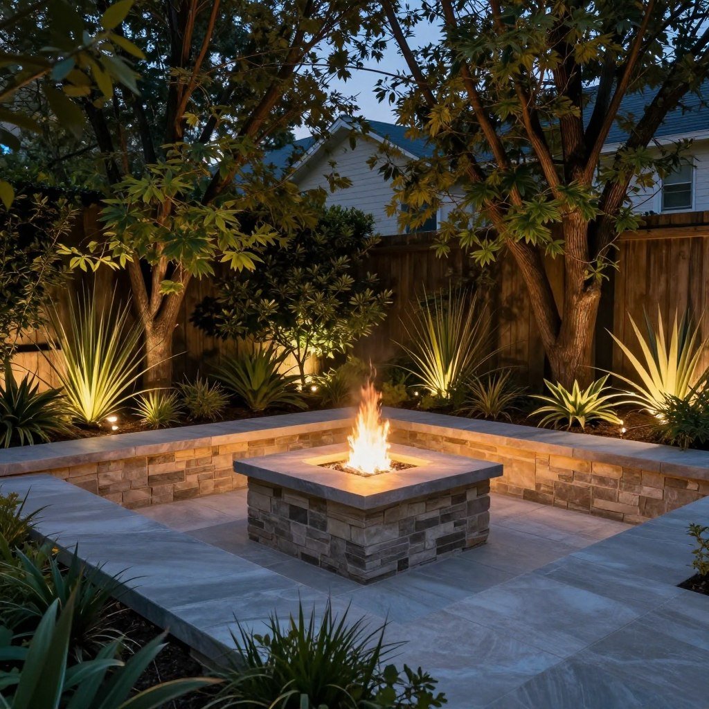 fire pit area with landscape uplighting