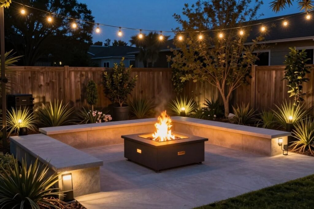 fire pit area with multiple lighting layers including overhead, accent, and path lights