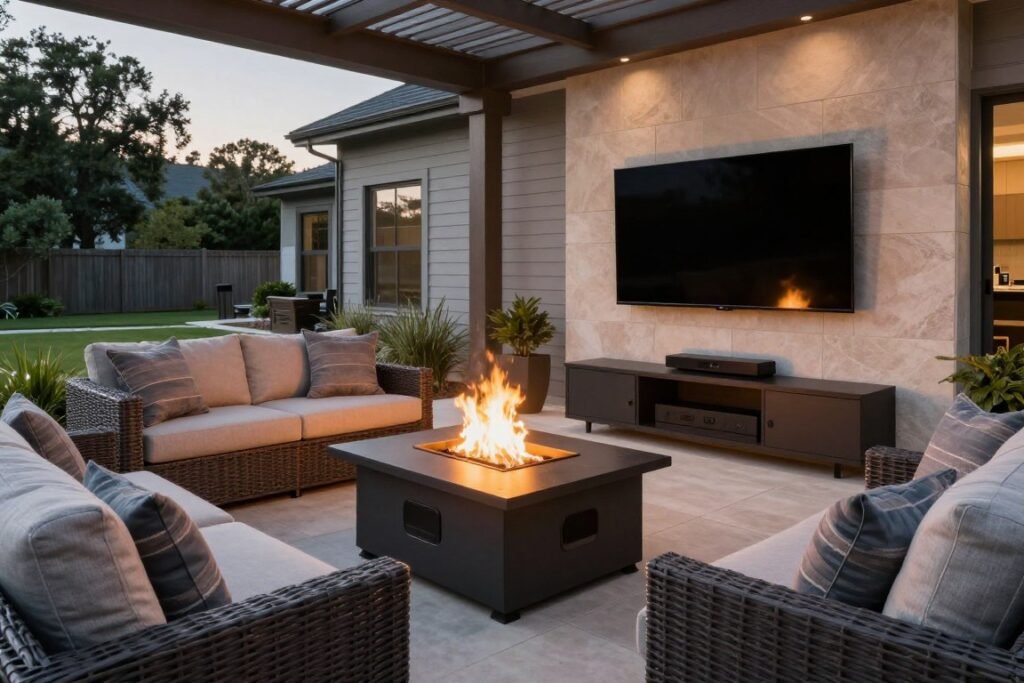fire pit area with outdoor sound system and entertainment features