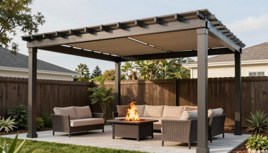 fire pit area with overhead pergola for weather protection