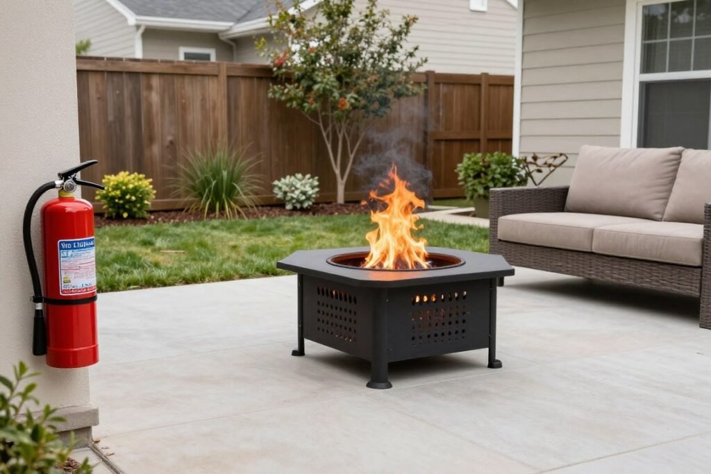 fire pit area with safety equipment and proper clearances visible