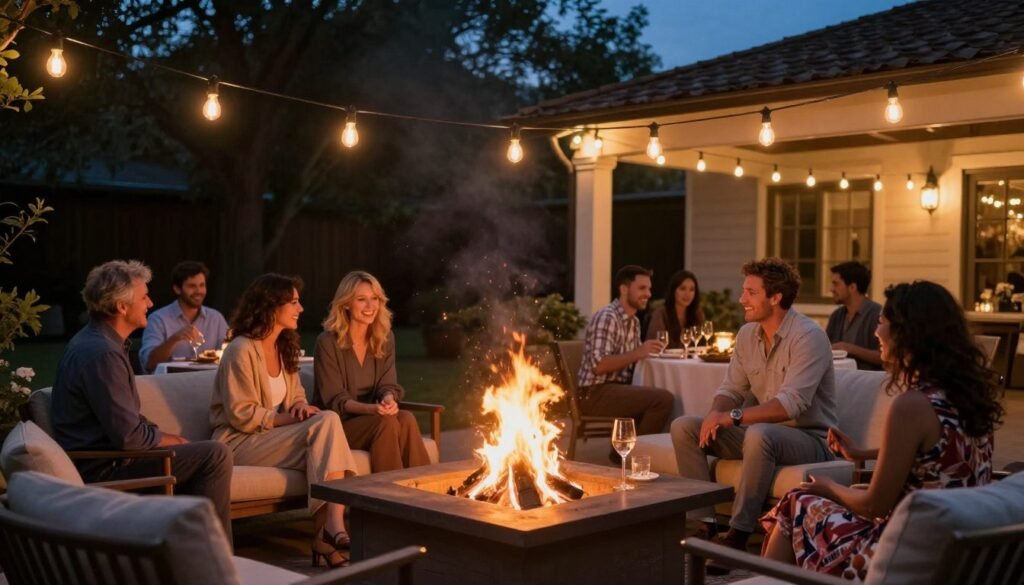 fire pit area with string lights overhead