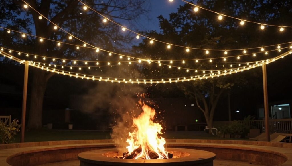 fire pit area with string lights overhead