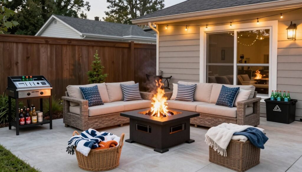 fire pit area with various accessories and enhancement features