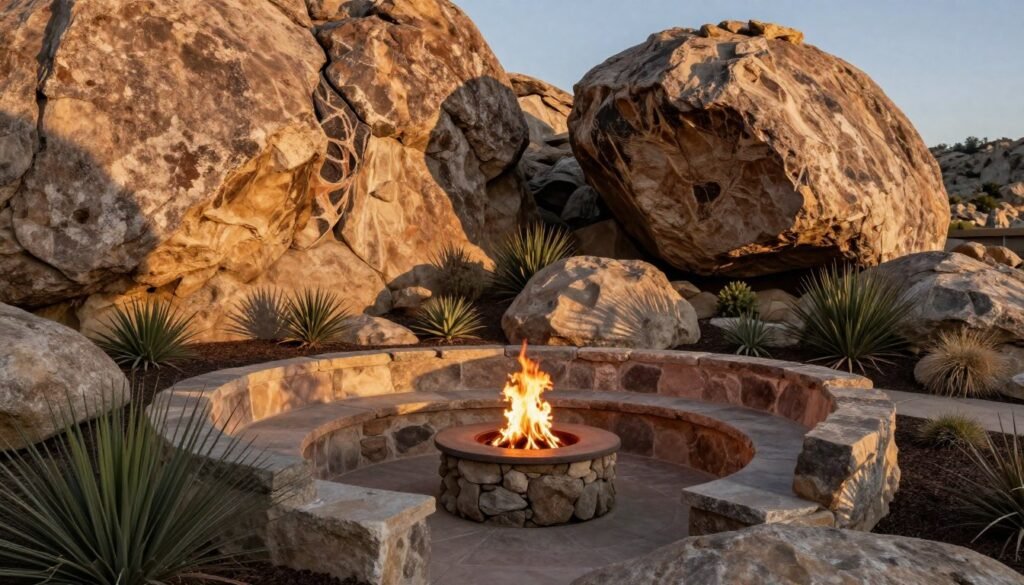 fire pit integrated into boulder rock garden with native plants
