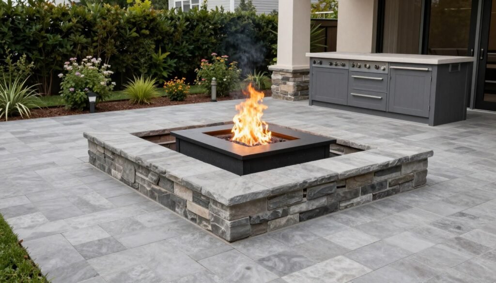 fire pit integrated into patio design with coordinating materials