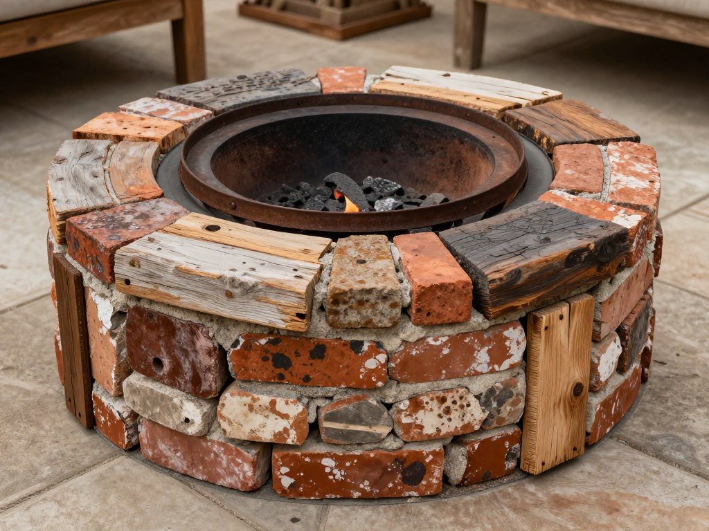 fire pit made from reclaimed materials like old bricks and salvaged metal