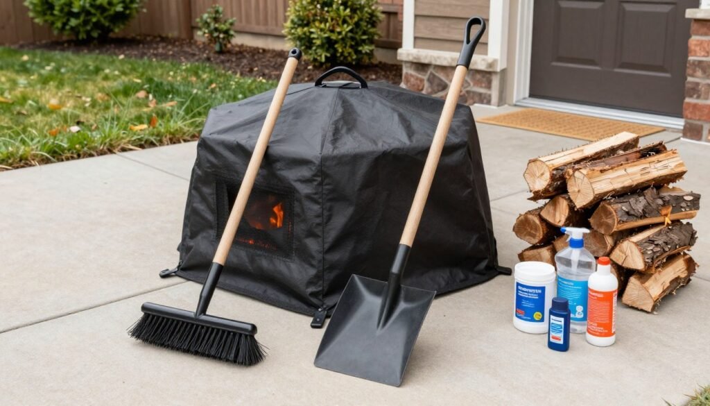 fire pit maintenance showing cleaning tools and protective covers