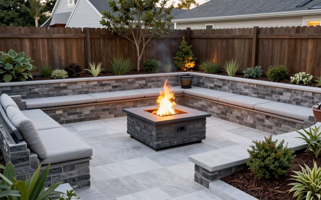 fire pit on multi-level patio