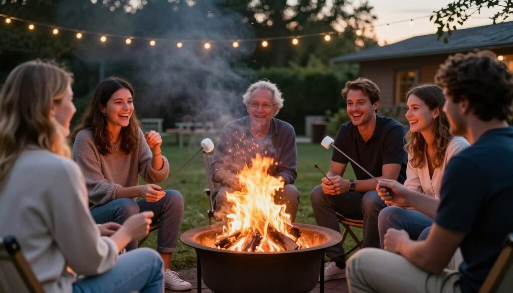 fire pit party with guests gathered