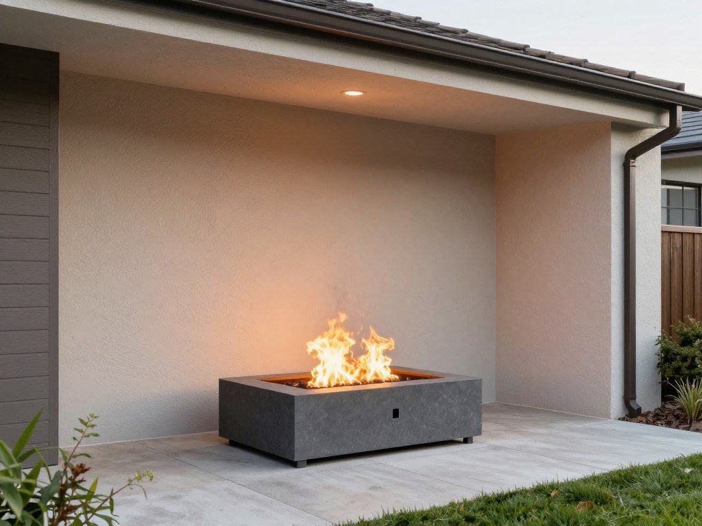 fire pit positioned against house wall for wind protection