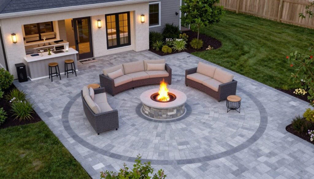 fire pit seamlessly integrated into large paver patio