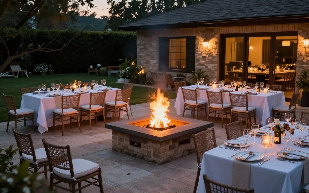 fire pit setup for outdoor dinner party