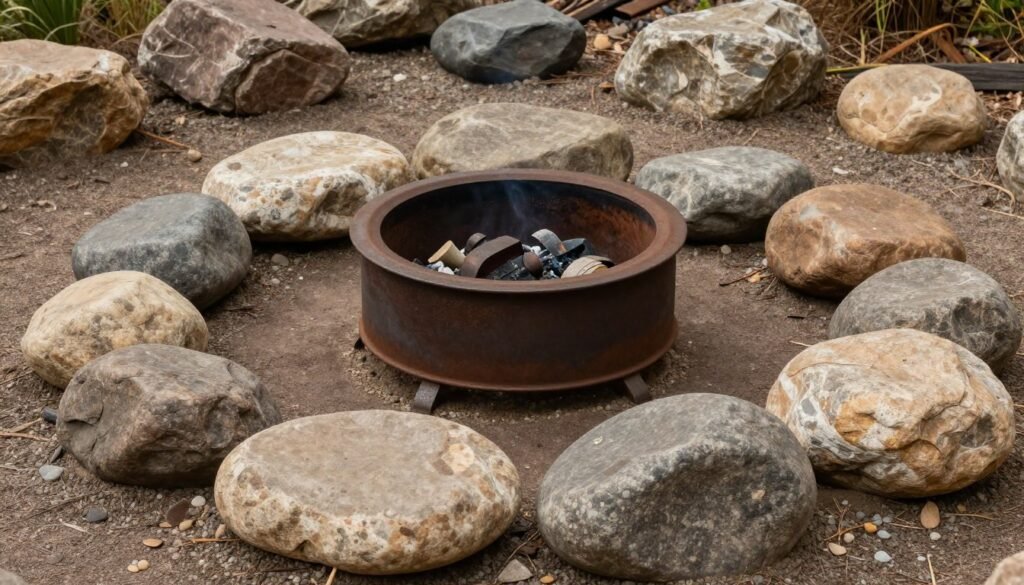 fire pit surrounded by large river rocks