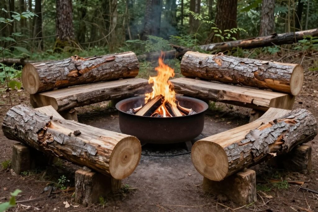 fire pit surrounded by log benches in woodland setting