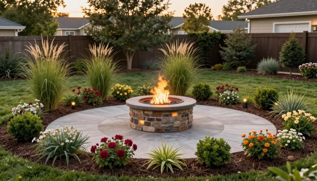 fire pit surrounded by lush landscaping and garden beds