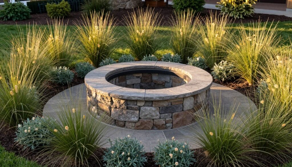fire pit surrounded by ornamental grasses and perennials
