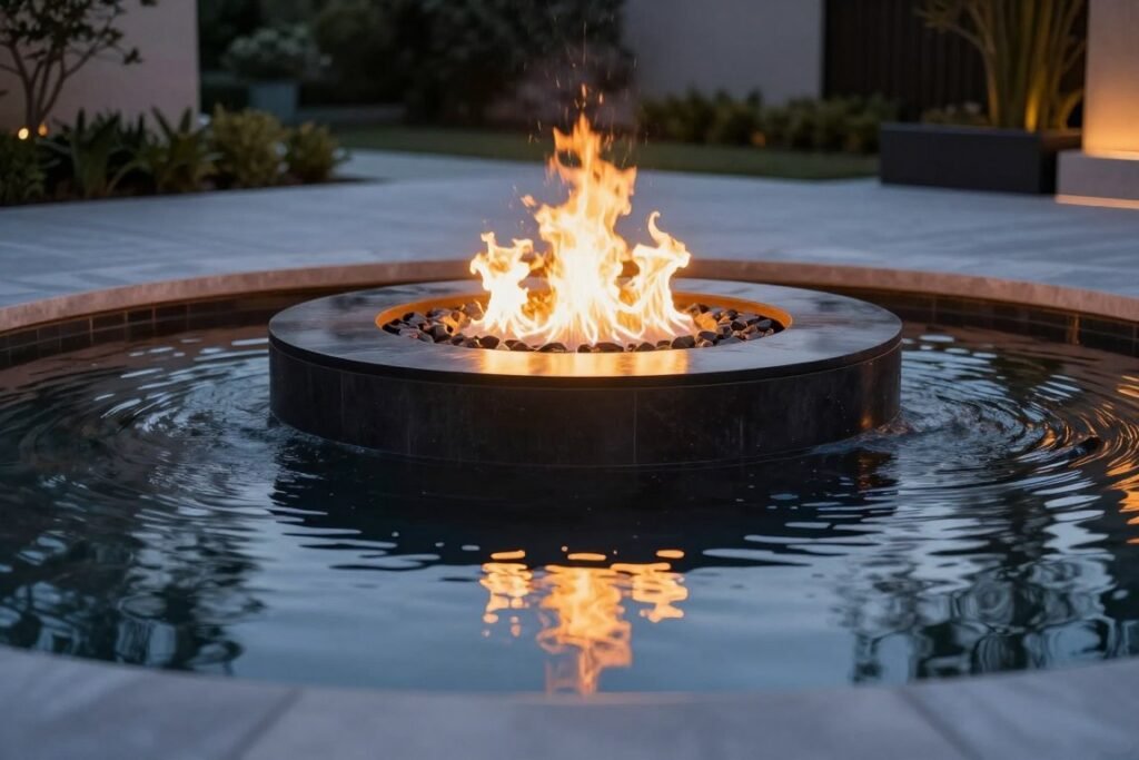 fire pit surrounded by water feature with flames reflecting in water