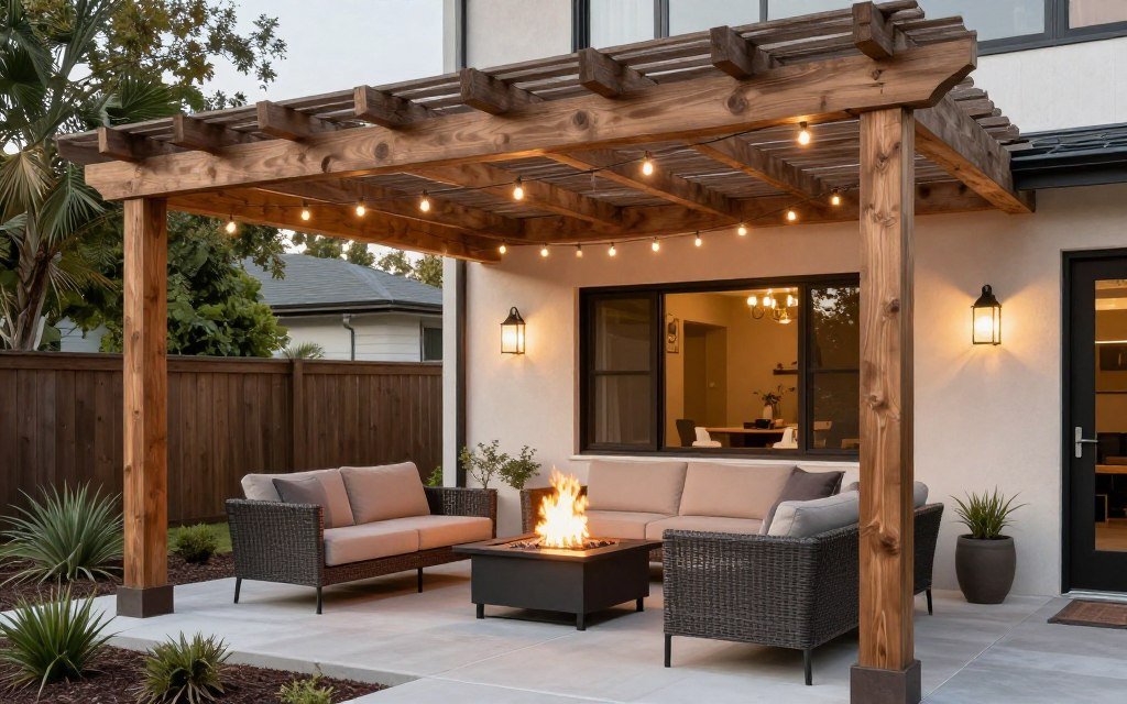 fire pit under pergola structure