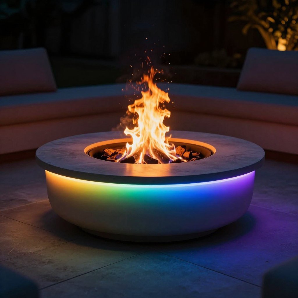 fire pit with LED lighting around rim