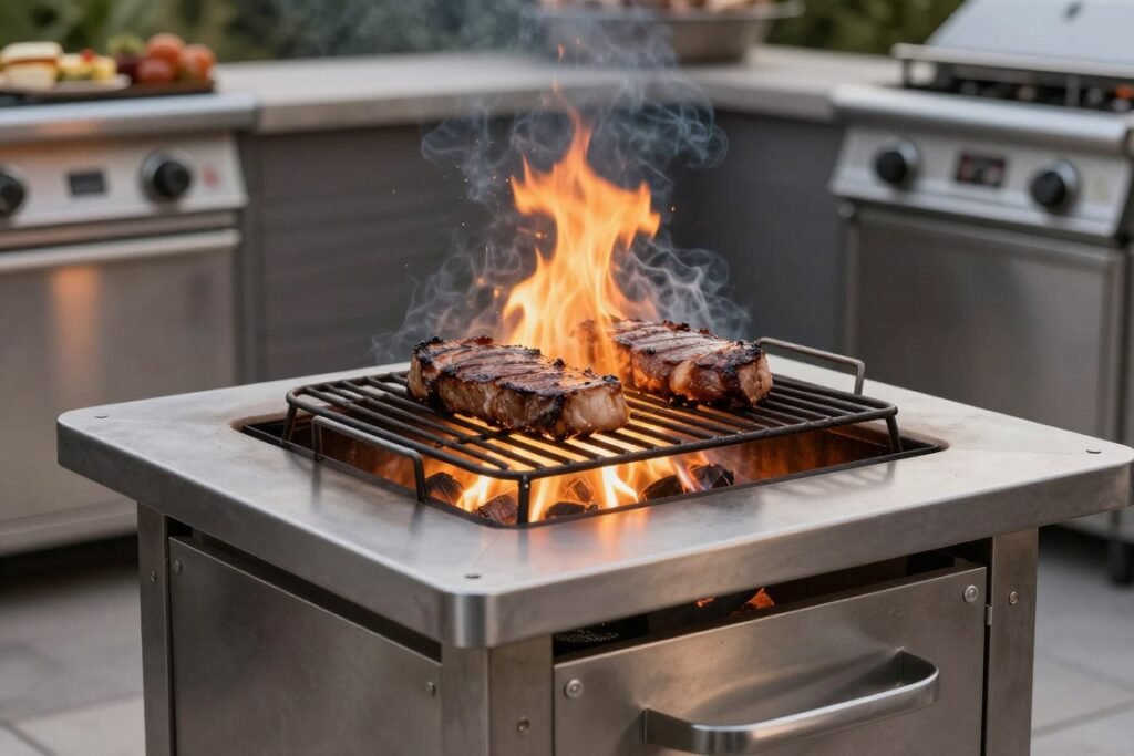 fire pit with built-in adjustable grilling grate