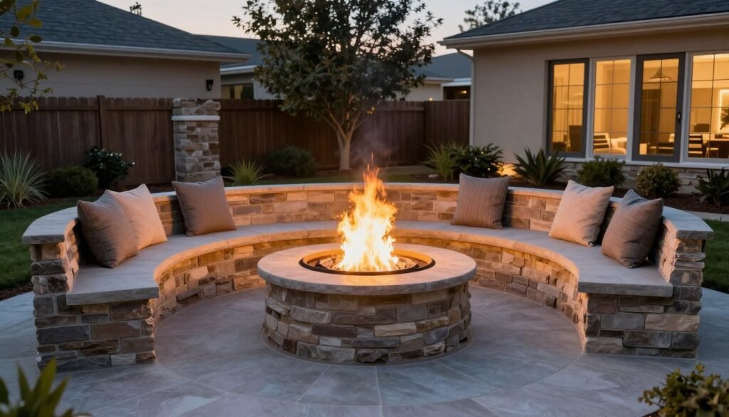 fire pit with built-in stone bench seating