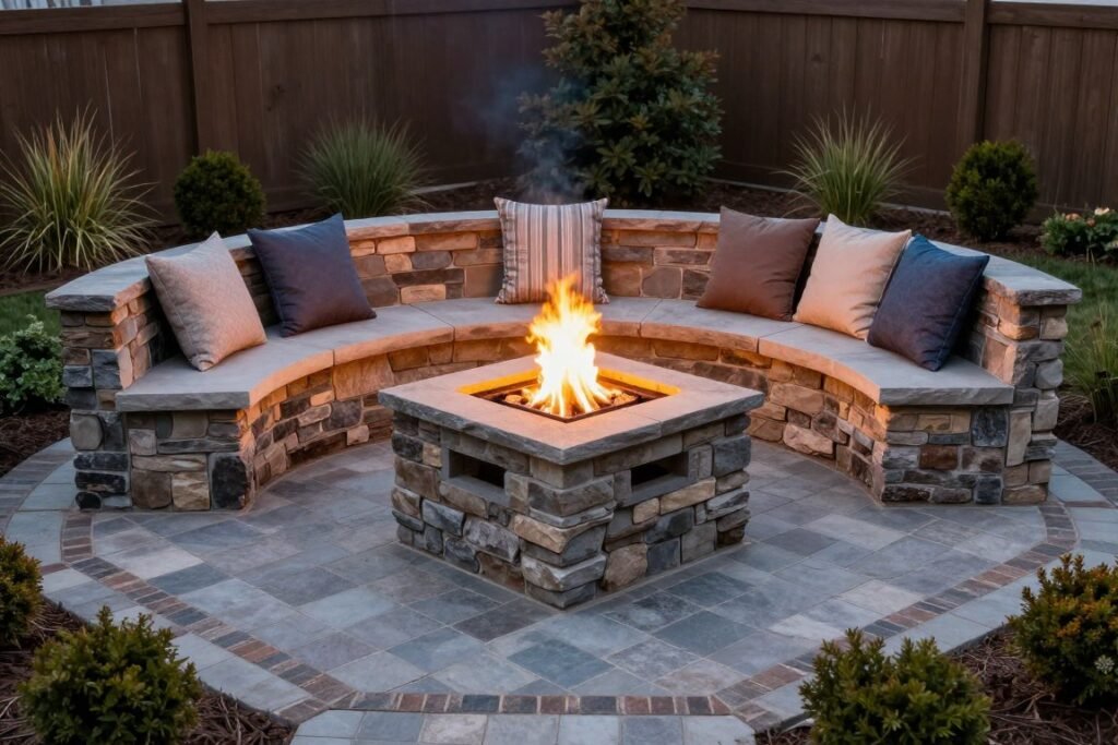 fire pit with built-in stone bench seating in small backyard corner