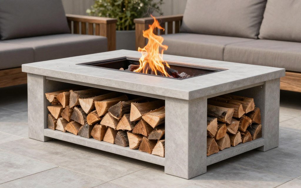 fire pit with built-in wood storage