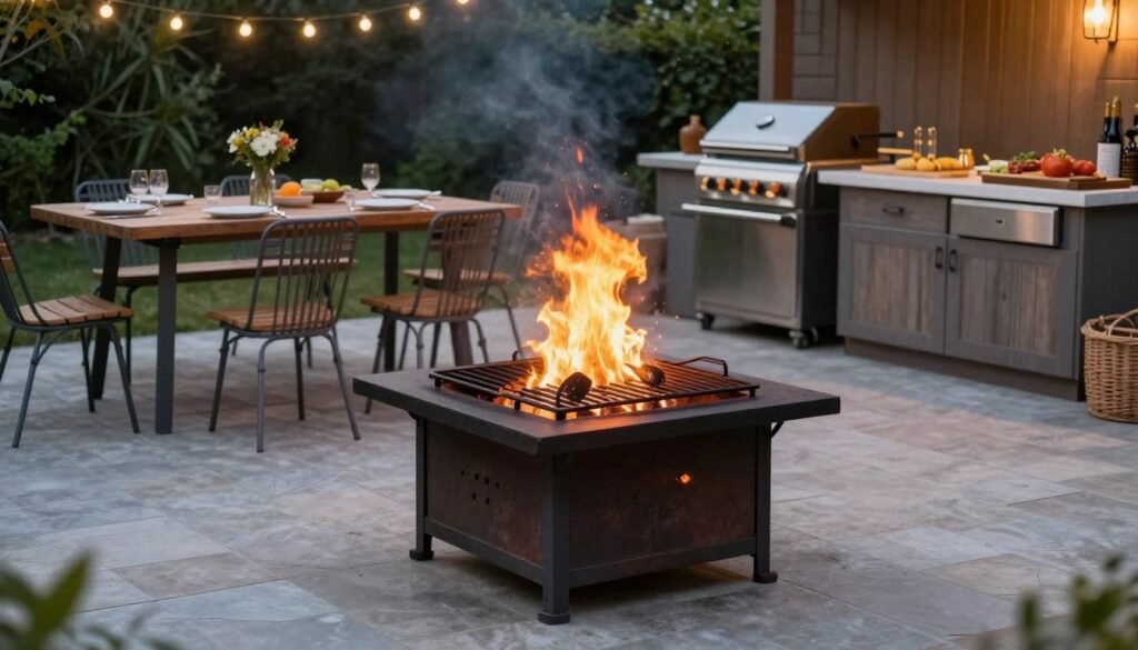 fire pit with cooking grate and outdoor dining setup