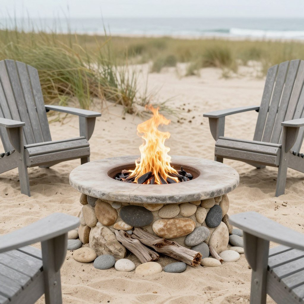 fire pit with driftwood and beach stone accents