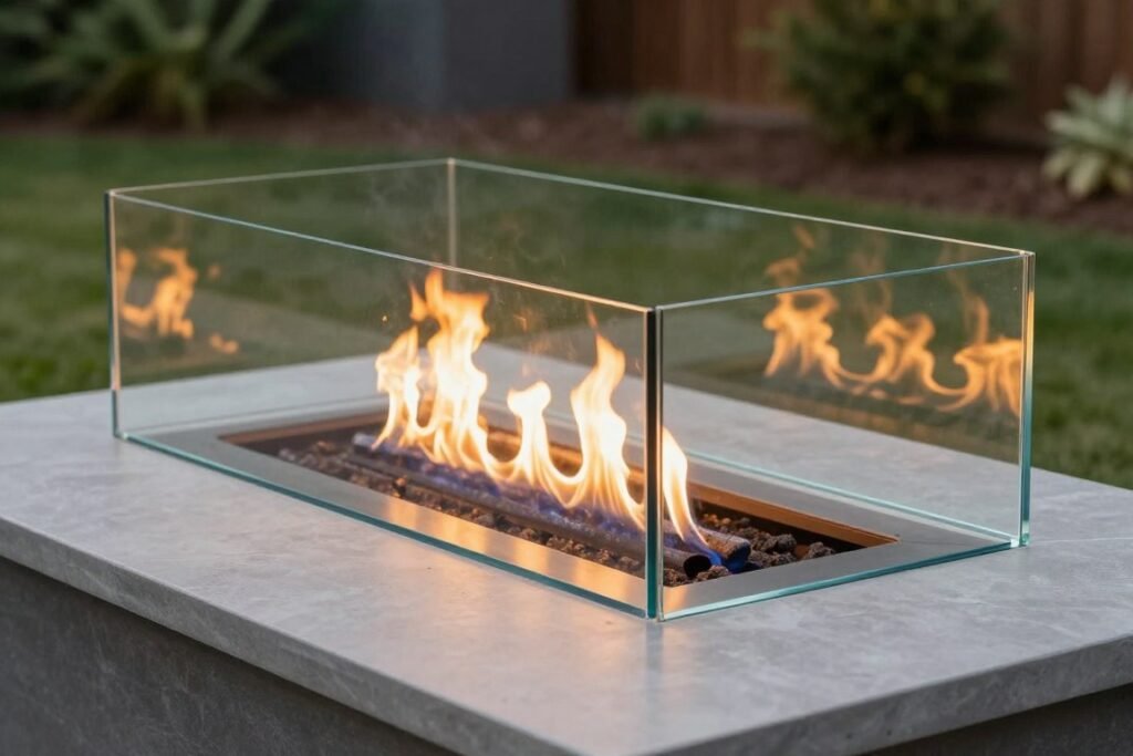 fire pit with glass wind guards