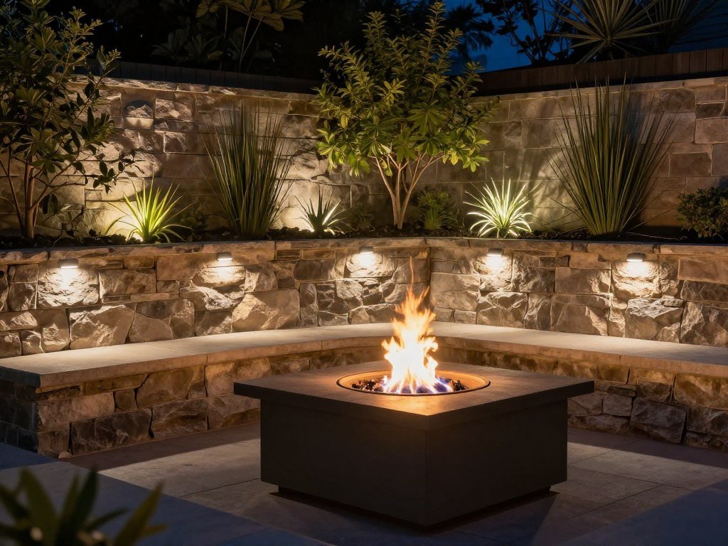 fire pit with integrated landscape lighting