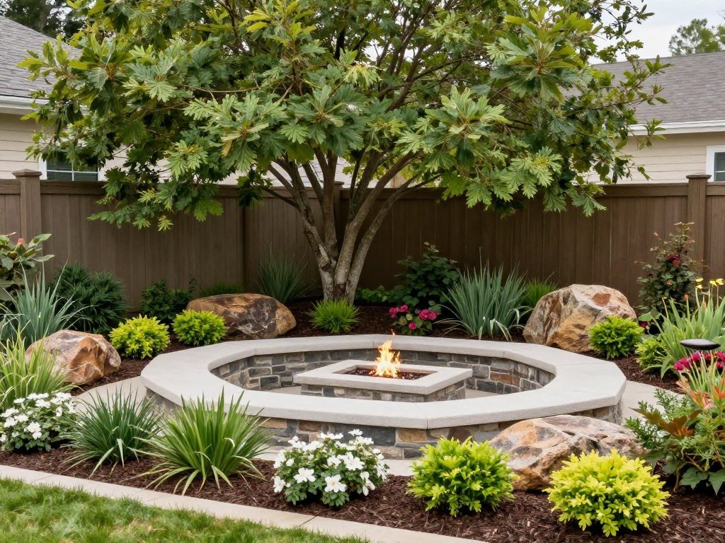 fire pit with layered landscape design including trees, shrubs, and groundcover