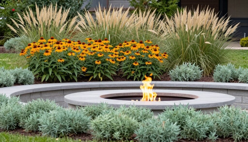 fire pit with layered plantings at different heights