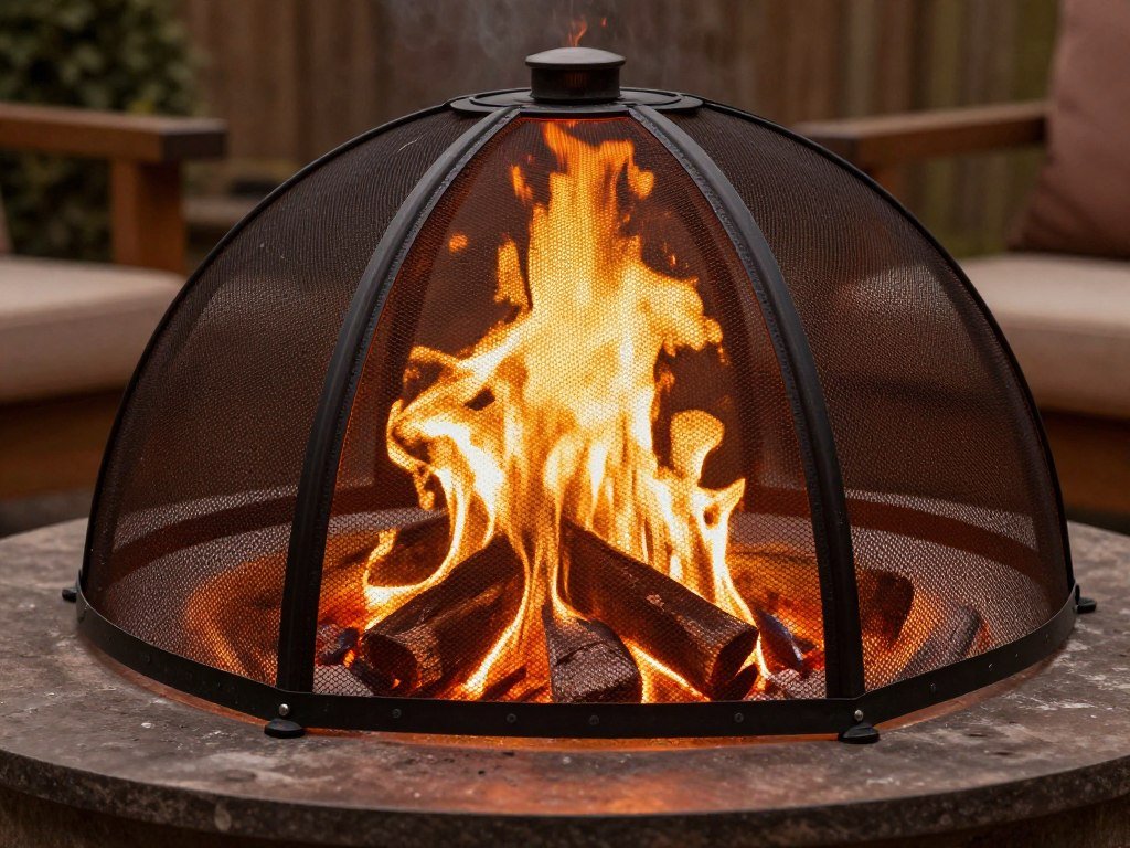 fire pit with mesh spark screen cover in use