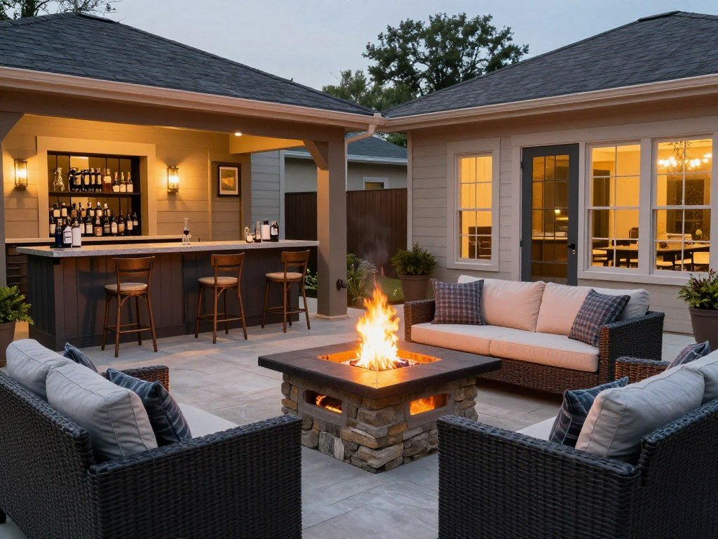 fire pit with outdoor bar setup
