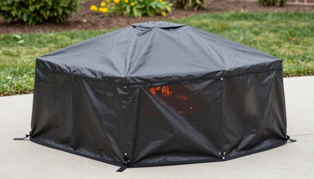 fire pit with protective cover installed