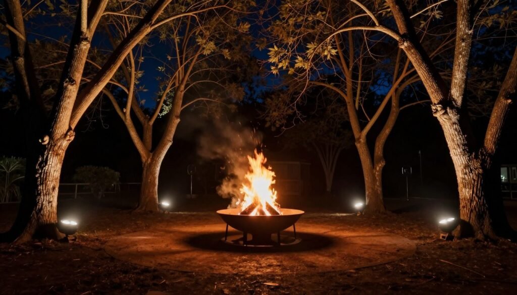 fire pit with uplighting on surrounding trees