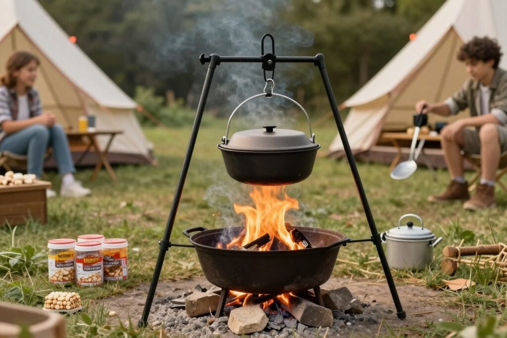 fire pit with various cooking accessories including tripod and dutch oven